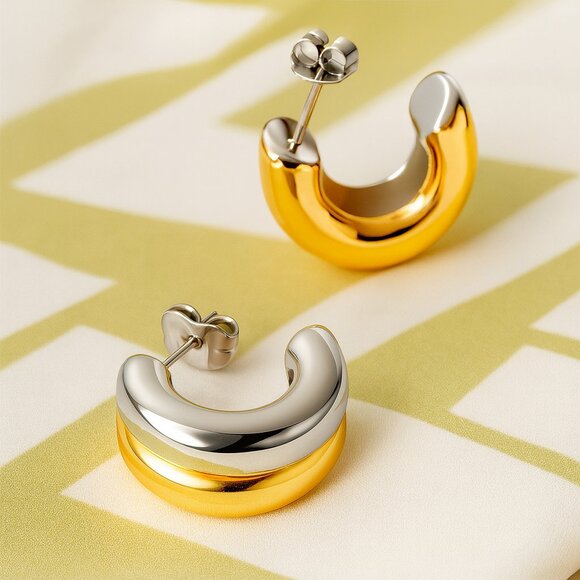 🆕Modern Dual-Tone Chunky Hoops 18K Gold Plated Stainless Steel Trendy Earrings - Picture 1 of 9